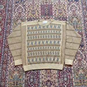 VTG 70s 80s London Fog Geometric Knit Brown Blue Wool Blend Sweater L USA Stripe